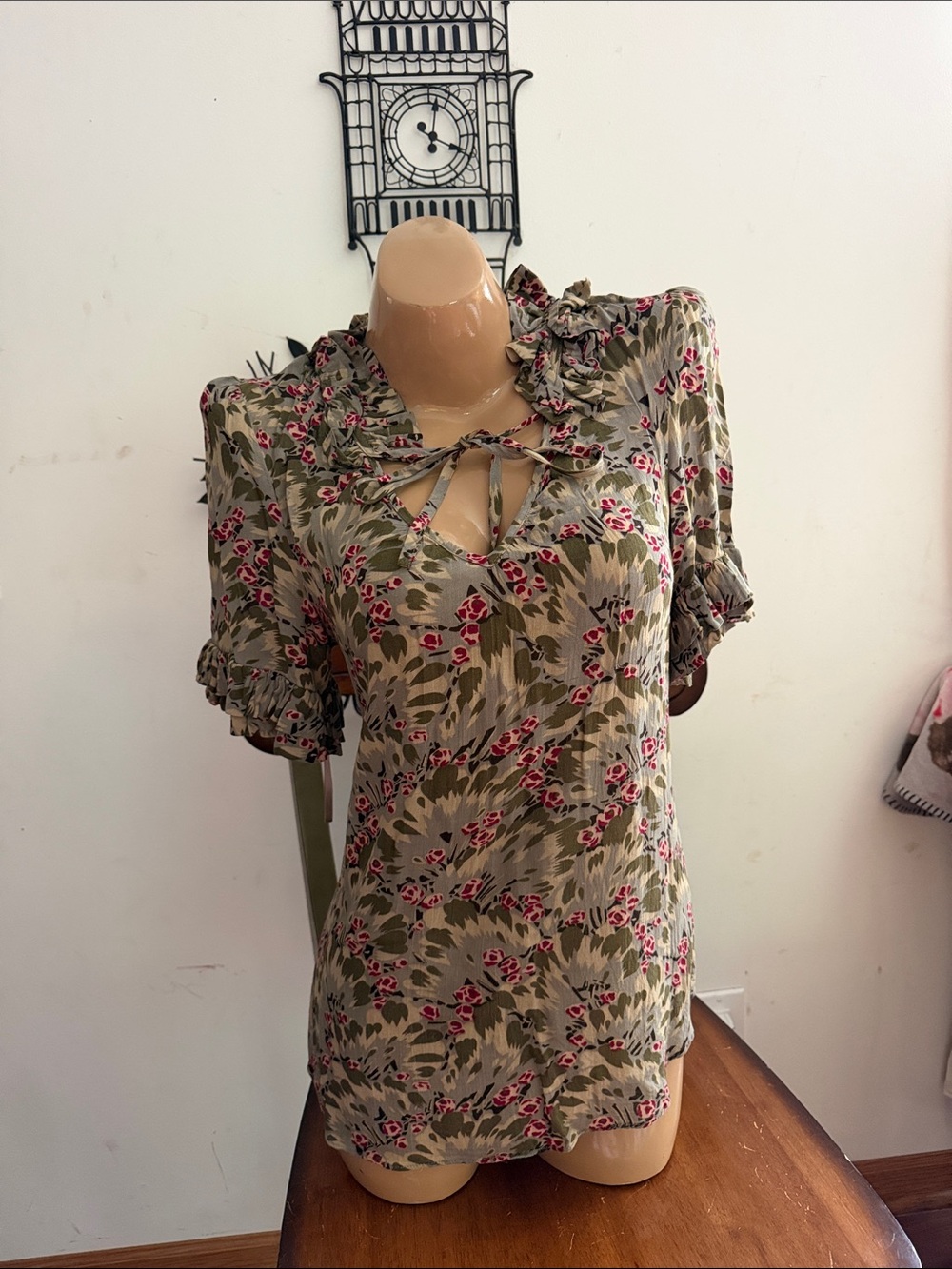 Vintage Olive Floral Tie-Neck Blouse by Anthropologie odille ruffle trim 10